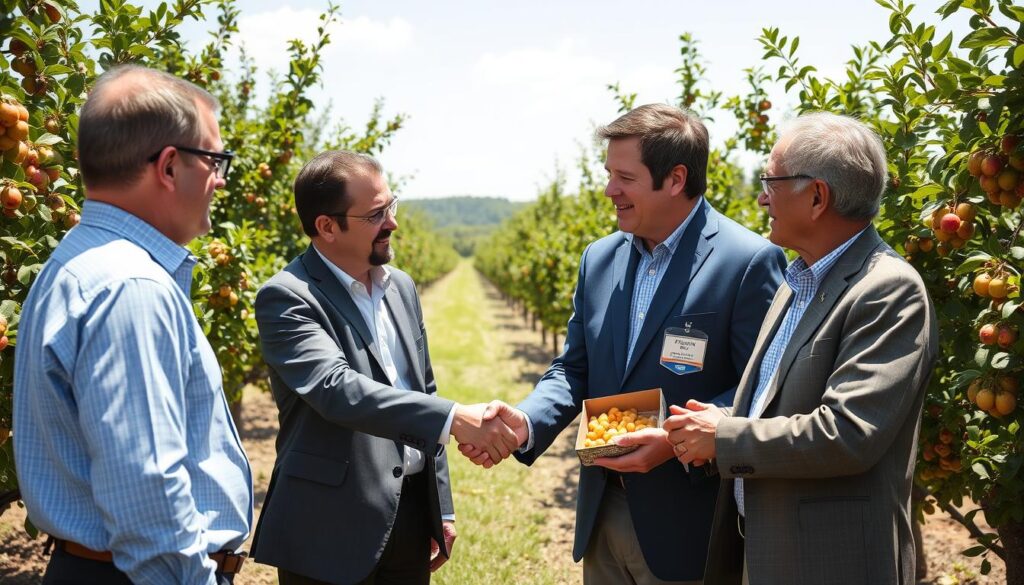 Skylink Imports representatives working directly with farmers at a premium apricot orchard Skylink Imports representatives working directly with farmers at a premium apricot orchard
