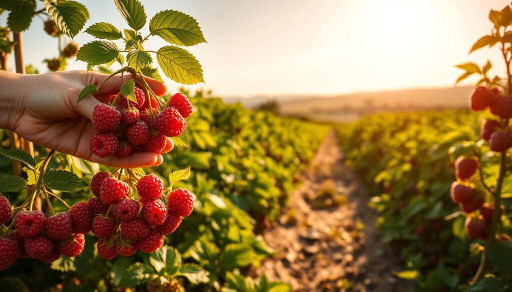 fresh raspberries harvesting
