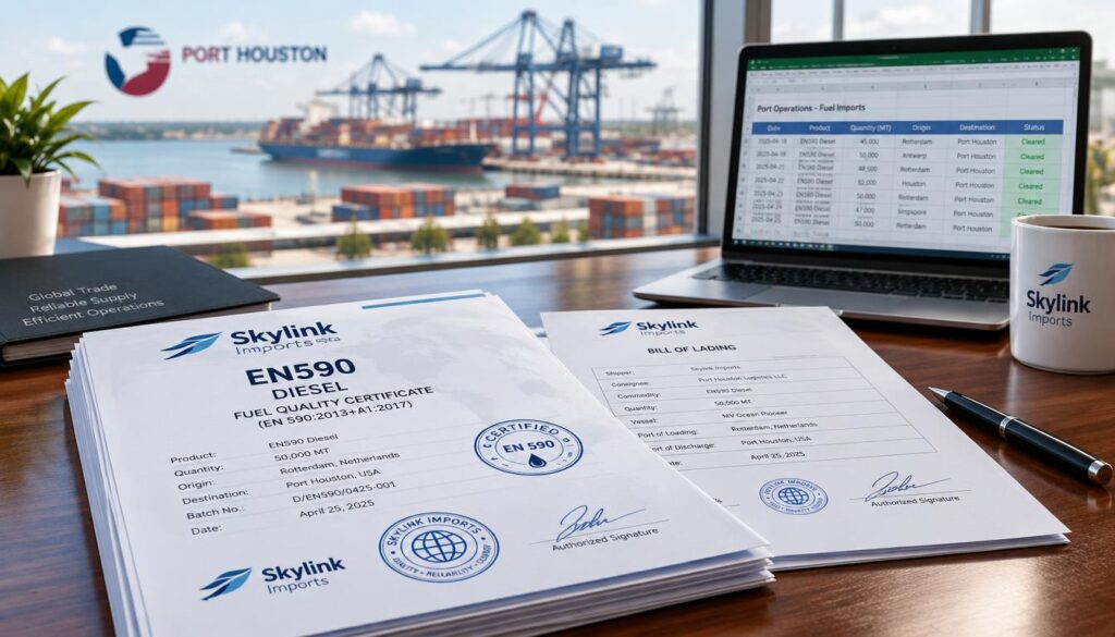 A close-up view of a neatly organized stack of EN590 diesel documents laid out on a polished wooden desk, reflecting a bright yet professional atmosphere. The foreground features clear, detailed images of the documents with official stamps and signatures, emphasizing their authenticity. In the middle ground, there's a sleek laptop open with a spreadsheet visible, symbolizing the data handling involved in port operations. The background showcases a blurred view of Port Houston’s cargo area, with shipping containers and cranes subtly out of focus, hinting at the logistical context. Soft, natural lighting filters through a nearby window, illuminating the scene while creating a calm and focused mood. The prominent branding logo "Skylink Imports" appears on the documents, merging professionalism with operational efficiency. A close-up view of a neatly organized stack of EN590 diesel documents laid out on a polished wooden desk, reflecting a bright yet professional atmosphere. The foreground features clear, detailed images of the documents with official stamps and signatures, emphasizing their authenticity. In the middle ground, there's a sleek laptop open with a spreadsheet visible, symbolizing the data handling involved in port operations. The background showcases a blurred view of Port Houston’s cargo area, with shipping containers and cranes subtly out of focus, hinting at the logistical context. Soft, natural lighting filters through a nearby window, illuminating the scene while creating a calm and focused mood. The prominent branding logo "Skylink Imports" appears on the documents, merging professionalism with operational efficiency.