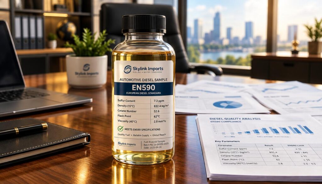 A detailed automotive diesel sample bottle labeled with EN590 specifications, prominently featuring sulfur content records in parts per million (ppm). The foreground showcases the bottle atop a sleek, polished wooden desk, reflecting light from a soft, warm source. In the middle ground, blurred technical documents with graphs and charts present around the bottle, emphasizing diesel quality analysis. The background displays a modern office space with a large window letting in natural light that creates a professional, inviting atmosphere. A subtle Skylink Imports logo is included on the bottle for branding. The image should capture a sense of reliability and expertise in the fuel industry, with a clean and organized feel, using a slightly elevated perspective for depth and impact. A detailed automotive diesel sample bottle labeled with EN590 specifications, prominently featuring sulfur content records in parts per million (ppm). The foreground showcases the bottle atop a sleek, polished wooden desk, reflecting light from a soft, warm source. In the middle ground, blurred technical documents with graphs and charts present around the bottle, emphasizing diesel quality analysis. The background displays a modern office space with a large window letting in natural light that creates a professional, inviting atmosphere. A subtle Skylink Imports logo is included on the bottle for branding. The image should capture a sense of reliability and expertise in the fuel industry, with a clean and organized feel, using a slightly elevated perspective for depth and impact.