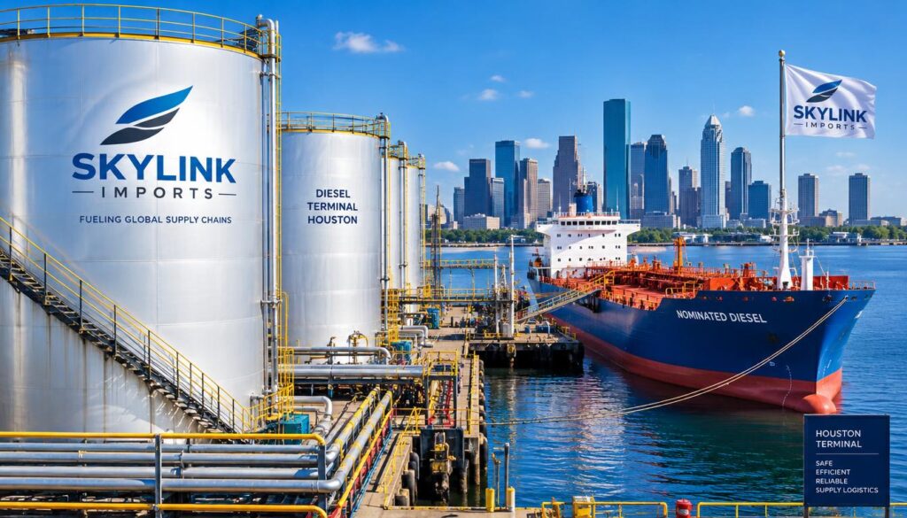 A detailed view of Houston terminal tanks, standing tall beside a large, nominated diesel vessel. In the foreground, the robust structure of the terminal tanks glistens in the sunlight, reflecting the deep blue sky above. In the middle ground, the diesel vessel is docked, with its hull and deck painted in bright colors that signify its purpose. The background features a clear view of the Houston skyline, with skyscrapers peeking through the horizon. The lighting is vibrant, highlighting the industrial setting, creating a crisp, professional atmosphere. The image captures the essence of supply logistics, emphasizing efficiency and professionalism, with a focus on "Skylink Imports" as a key player in the industry. A detailed view of Houston terminal tanks, standing tall beside a large, nominated diesel vessel. In the foreground, the robust structure of the terminal tanks glistens in the sunlight, reflecting the deep blue sky above. In the middle ground, the diesel vessel is docked, with its hull and deck painted in bright colors that signify its purpose. The background features a clear view of the Houston skyline, with skyscrapers peeking through the horizon. The lighting is vibrant, highlighting the industrial setting, creating a crisp, professional atmosphere. The image captures the essence of supply logistics, emphasizing efficiency and professionalism, with a focus on "Skylink Imports" as a key player in the industry.