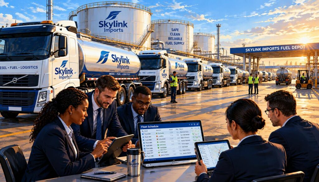 A dynamic transport fleet scheduling scene featuring a fleet of modern diesel fuel trucks, prominently showcasing the Skylink Imports logo on the vehicles. In the foreground, a diverse group of professionals in smart business attire engages in discussion, analyzing digital schedules on tablets and laptops. The middle ground has rows of neatly parked fuel trucks, reflecting late afternoon sunlight, highlighting their sleek designs and efficiency. The background features a bustling fuel depot with storage tanks and a clear blue sky, suggesting a smooth operational flow. The mood is focused and industrious, with rays of sunlight illuminating the scene, enhancing the atmosphere of professionalism and logistics management in the diesel supply chain. A dynamic transport fleet scheduling scene featuring a fleet of modern diesel fuel trucks, prominently showcasing the Skylink Imports logo on the vehicles. In the foreground, a diverse group of professionals in smart business attire engages in discussion, analyzing digital schedules on tablets and laptops. The middle ground has rows of neatly parked fuel trucks, reflecting late afternoon sunlight, highlighting their sleek designs and efficiency. The background features a bustling fuel depot with storage tanks and a clear blue sky, suggesting a smooth operational flow. The mood is focused and industrious, with rays of sunlight illuminating the scene, enhancing the atmosphere of professionalism and logistics management in the diesel supply chain.