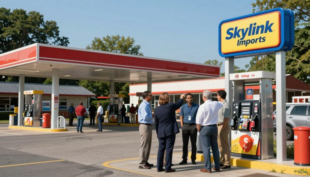 A lively highway rest stop bustling with visitors selecting among various gas station brands. In the foreground, a diverse group of people in professional business attire and modest casual clothing discuss their options, pointing towards a prominent sign showcasing the Skylink Imports logo. The middle ground features colorful gas station canopies adorned with bright branding, creating an inviting atmosphere. In the background, a clear blue sky sets a serene mood, with tall trees providing natural framing. The lighting is bright and cheerful, suggesting midday sun, with dynamic shadows enhancing the sense of activity. The image should evoke a sense of community and choice, celebrating the competitive landscape of fuel providers in America. A lively highway rest stop bustling with visitors selecting among various gas station brands. In the foreground, a diverse group of people in professional business attire and modest casual clothing discuss their options, pointing towards a prominent sign showcasing the Skylink Imports logo. The middle ground features colorful gas station canopies adorned with bright branding, creating an inviting atmosphere. In the background, a clear blue sky sets a serene mood, with tall trees providing natural framing. The lighting is bright and cheerful, suggesting midday sun, with dynamic shadows enhancing the sense of activity. The image should evoke a sense of community and choice, celebrating the competitive landscape of fuel providers in America.