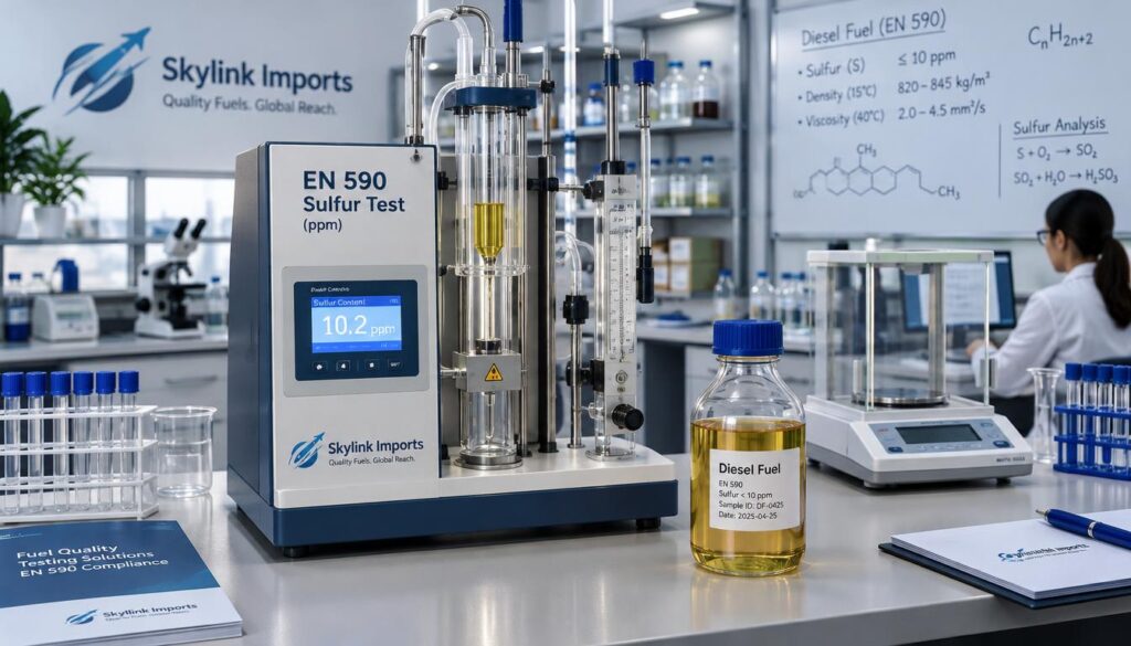 A polished laboratory setting showcasing an EN 590 ppm sulfur test apparatus prominently displayed in the foreground, featuring clear tubes and precise measuring instruments next to a sample of diesel fuel in a glass container. In the middle ground, the background includes shelves lined with various laboratory equipment and a subtle hint of chemical formulas on whiteboards, creating a technical ambiance. Soft, bright lighting highlights the intricate details of the equipment, offering a crisp focus on the sulfur test setup. The angle captures the scene at a slight tilt for depth, evoking a professional and scientific atmosphere. Branding elements of "Skylink Imports" subtly integrated into the laboratory decor, while maintaining a clean and focused aesthetic.