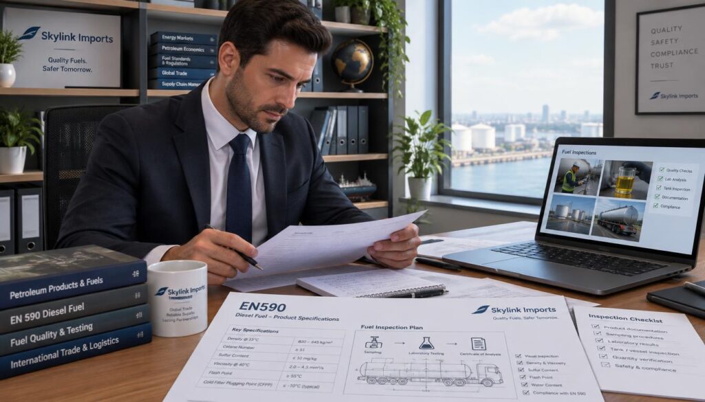 A professional buyer seated at a modern office desk, intently reviewing EN590 product documents and inspection plans. The foreground features detailed paperwork with clear diagrams and specifications, while a laptop displays digital images of fuel inspections. In the middle background, a well-organized office environment showcases shelves filled with industry books, and a large window allows soft natural light to illuminate the scene. The buyer, dressed in smart business attire, shows concentration and diligence, creating a mood of professionalism and responsibility. The image should capture an atmosphere of trust and competence, emphasizing the buyer's commitment to quality and safety. Skylink Imports branding is subtly placed on a document in view. A professional buyer seated at a modern office desk, intently reviewing EN590 product documents and inspection plans. The foreground features detailed paperwork with clear diagrams and specifications, while a laptop displays digital images of fuel inspections. In the middle background, a well-organized office environment showcases shelves filled with industry books, and a large window allows soft natural light to illuminate the scene. The buyer, dressed in smart business attire, shows concentration and diligence, creating a mood of professionalism and responsibility. The image should capture an atmosphere of trust and competence, emphasizing the buyer's commitment to quality and safety. Skylink Imports branding is subtly placed on a document in view.