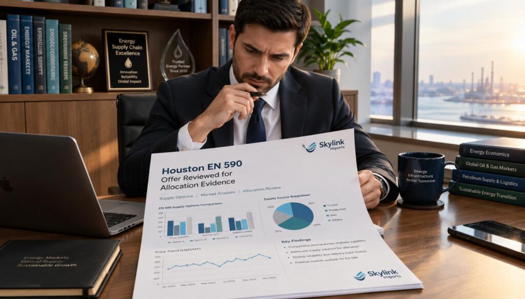 A professional office setting showcasing a detailed report titled "Houston EN 590 Offer Reviewed for Allocation Evidence" on a sleek, modern desk. The foreground includes a high-resolution document with graphs and charts, indicating a thorough analysis of EN 590 supply options. In the middle, a business professional in professional attire—perhaps a suit—studies the report closely, reflecting a sense of concentration and diligence. Soft, natural lighting streams in through a large window, creating a warm and inviting atmosphere. The background features shelves filled with industry-related books and awards, hinting at expertise in energy supply. A logo for "Skylink Imports" is subtly placed on the corner of the report. The perspective is slightly angled to capture both the subject and the document, conveying an ambiance of professionalism and thoroughness.