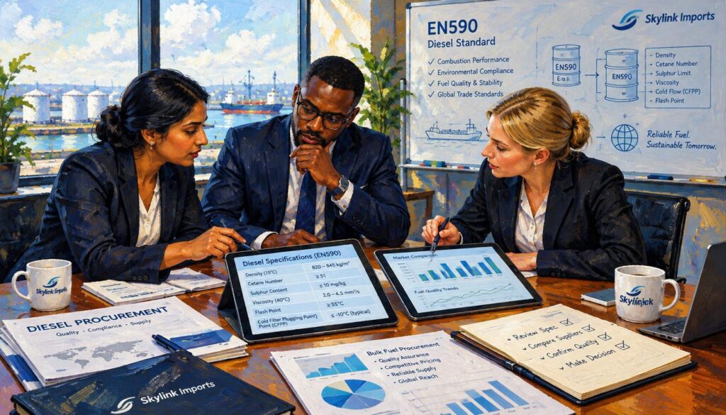 A professional office setting with a modern aesthetic, featuring a conference table strewn with documents and digital tablets displaying diesel specification values crucial for bulk fuel procurement. In the foreground, a diverse group of three professionals – a South Asian woman, a Black man, and a Caucasian woman, dressed in professional business attire, are engaged in a serious discussion while reviewing the specifications. The middle ground shows a large window allowing natural light to flood the room, highlighting charts and graphs on the tablets. The background includes a sleek whiteboard with diagrams explaining EN590 diesel standards and Skylink Imports branding subtly integrated into the design. The atmosphere is focused and dynamic, emphasizing the importance of careful review and decision-making in fuel procurement. A professional office setting with a modern aesthetic, featuring a conference table strewn with documents and digital tablets displaying diesel specification values crucial for bulk fuel procurement. In the foreground, a diverse group of three professionals – a South Asian woman, a Black man, and a Caucasian woman, dressed in professional business attire, are engaged in a serious discussion while reviewing the specifications. The middle ground shows a large window allowing natural light to flood the room, highlighting charts and graphs on the tablets. The background includes a sleek whiteboard with diagrams explaining EN590 diesel standards and Skylink Imports branding subtly integrated into the design. The atmosphere is focused and dynamic, emphasizing the importance of careful review and decision-making in fuel procurement.