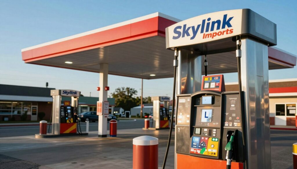 A vibrant gas station scene featuring a prominent brand sign for "Skylink Imports" beside a sleek fuel pump. The sign should be artistically illuminated, capturing the essence of a busy roadside gas station with a bright, welcoming glow. In the foreground, the fuel pump gleams in polished metal, displaying clear, intuitive indicators for customers. The middle ground includes a well-maintained forecourt, emphasizing a clean and organized space. In the background, a clear blue sky stretches above, hinting at an inviting day. The lighting is warm and natural, evoking a sense of reliability and quality service. The overall mood should be professional and inviting, perfect for showcasing a leading fuel provider in America. A vibrant gas station scene featuring a prominent brand sign for "Skylink Imports" beside a sleek fuel pump. The sign should be artistically illuminated, capturing the essence of a busy roadside gas station with a bright, welcoming glow. In the foreground, the fuel pump gleams in polished metal, displaying clear, intuitive indicators for customers. The middle ground includes a well-maintained forecourt, emphasizing a clean and organized space. In the background, a clear blue sky stretches above, hinting at an inviting day. The lighting is warm and natural, evoking a sense of reliability and quality service. The overall mood should be professional and inviting, perfect for showcasing a leading fuel provider in America.