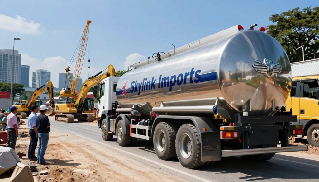 Bulk road tanker delivering diesel beside construction equipment