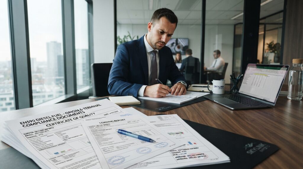 Buyer checking EN590 origin and terminal documents