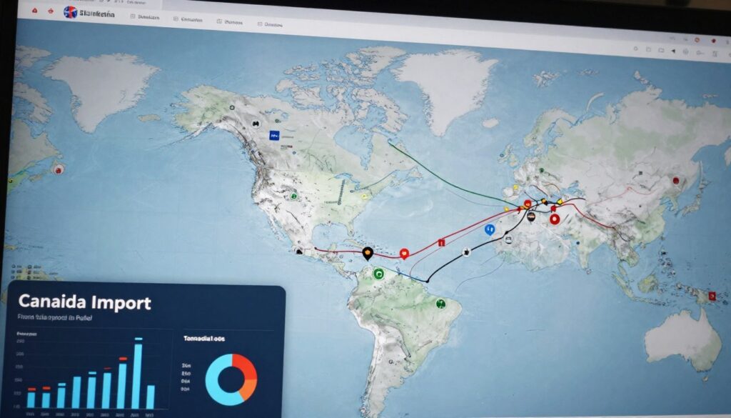 Canadian petroleum import figures beside a global trade route map