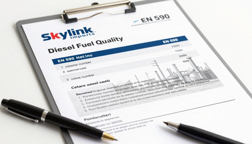 Diesel fuel quality certificate showing EN 590 physical properties