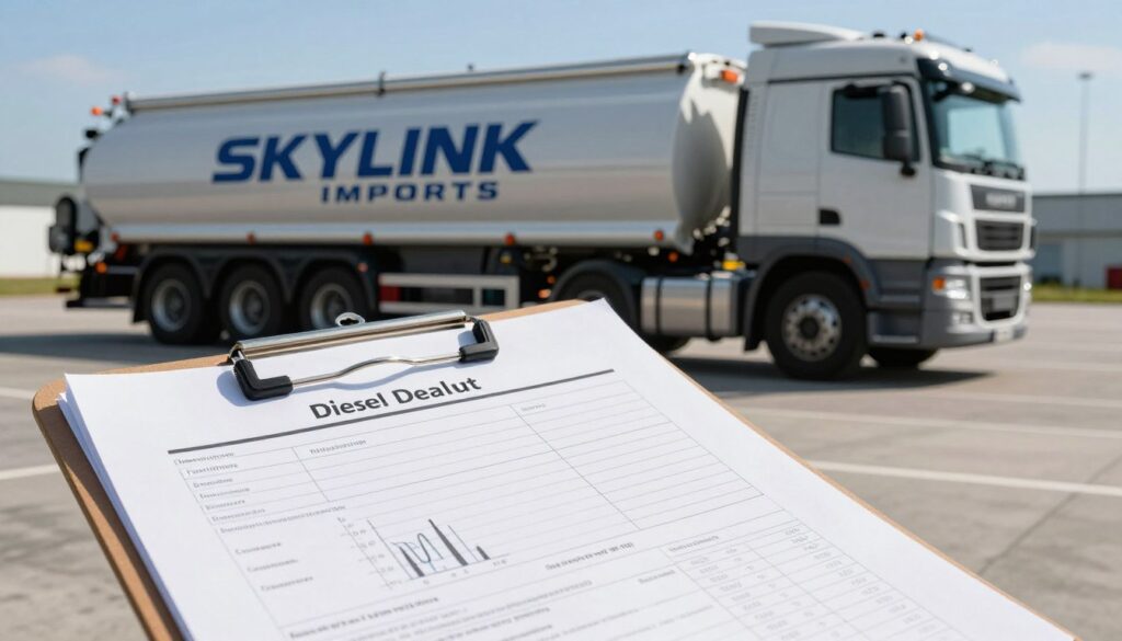 Diesel quality records beside a European fuel delivery truck Diesel quality records beside a European fuel delivery truck