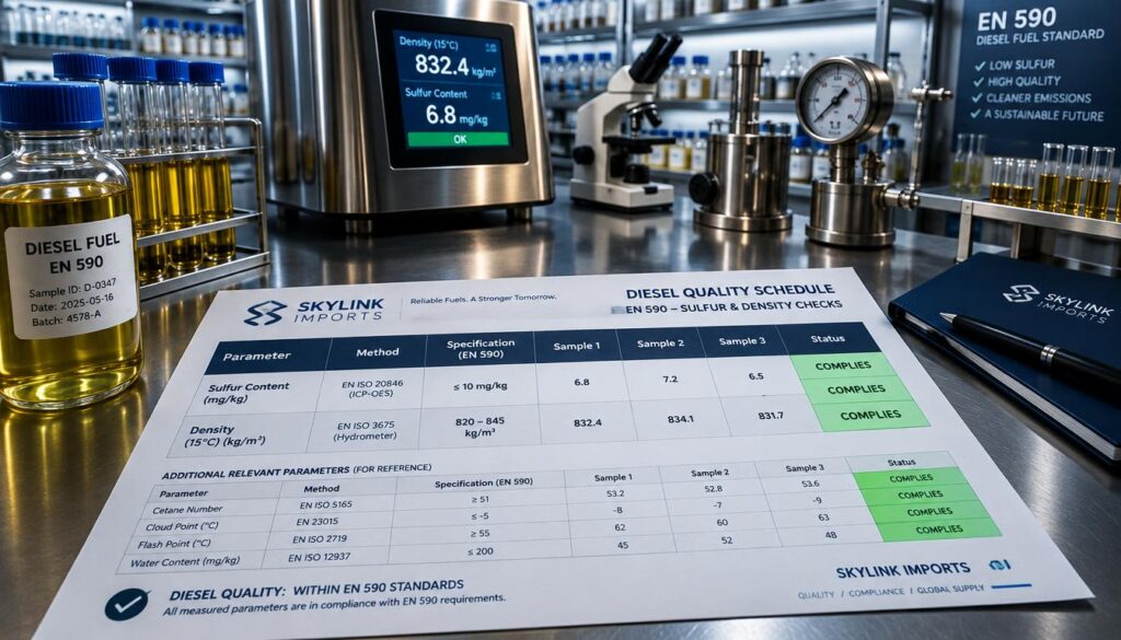 Diesel quality schedule showing EN 590 sulfur and density checks Diesel quality schedule showing EN 590 sulfur and density checks