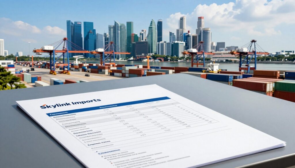 Diesel specification sheet beside a Singapore cargo terminal