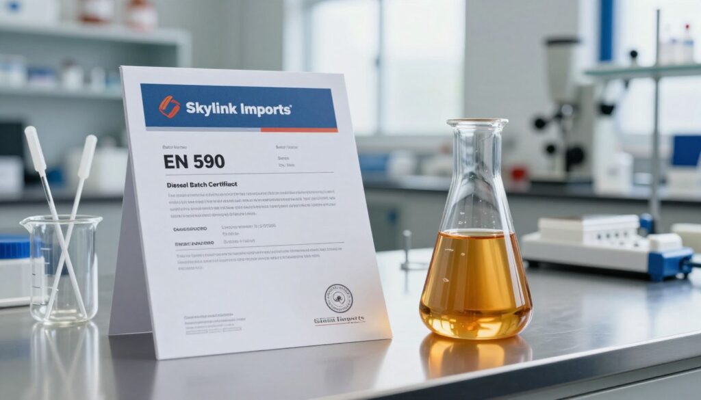 EN 590 diesel batch certificate beside a fuel sample