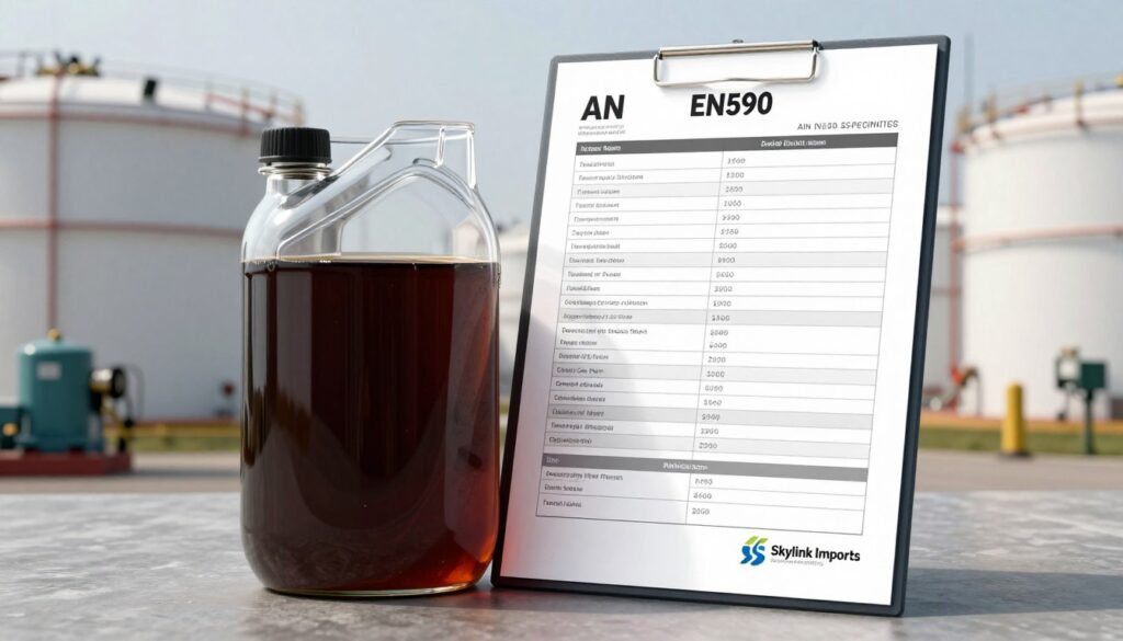 EN590 Diesel specification sheet beside a bulk fuel sample EN590 Diesel specification sheet beside a bulk fuel sample