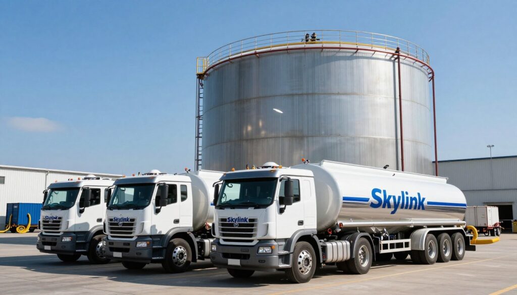 Fuel supplier tanker fleet beside a business storage tank