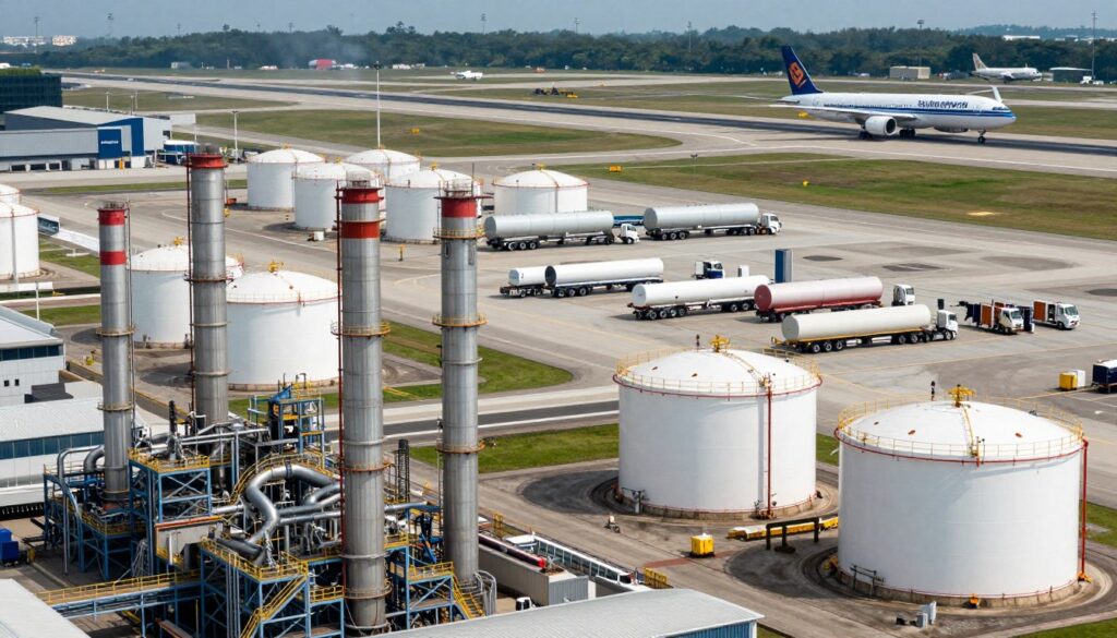 Jet fuel supply chain diagram with refinery and airport storage Jet fuel supply chain diagram with refinery and airport storage