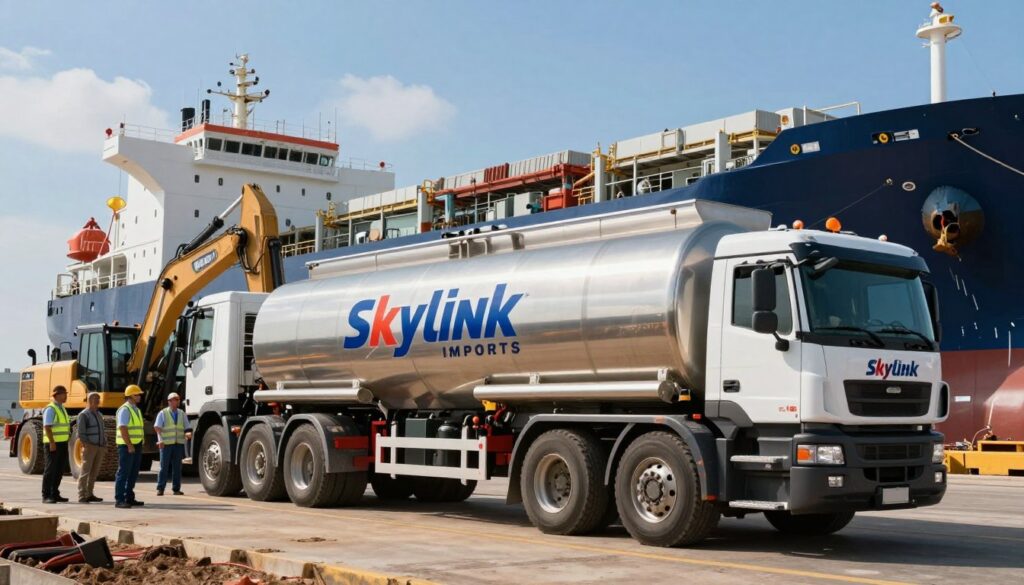 Road tanker serving a site beside an international fuel cargo
